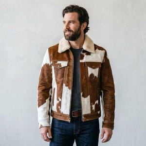 Men's Brown Leather Jacket, Western Cowboy Coat, Vintage Biker Outerwear, Cowhide Patchwork Motorcycle Rider Streetwear Style