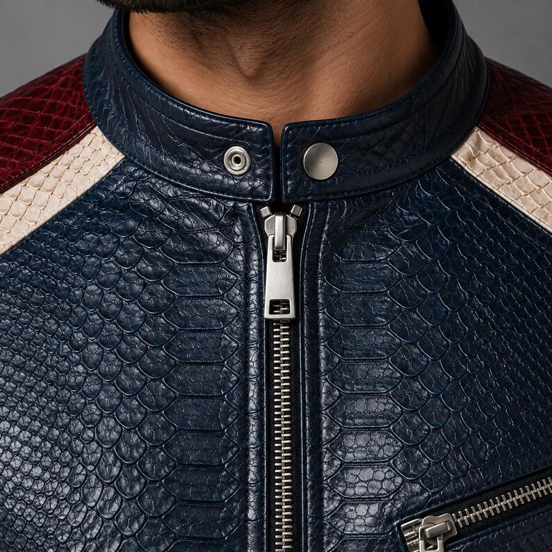 May include: A jacket featuring a textured, snakeskin-patterned finish in deep navy blue. The garment includes a mandarin collar with a silver-toned snap button closure, a central metal zipper, and contrasting cream and dark red shoulder panels.