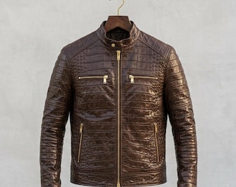 Mens Crocodile Embossed Brown Leather Jacket Cafe Racer Motorcycle Slim Fit Textured Zip Outerwear Vintage Style Coat