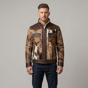 Men's Brown Leather Jacket, Western Cowboy Coat, Vintage Biker Outerwear, Rustic Motorcycle Apparel, Patchwork Ranch Streetwear