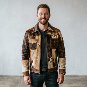 Men's Brown Leather Jacket, Western Cowboy Coat, Vintage Biker Outerwear, Patchwork Motorcycle Rider, Rustic Ranch Streetwear Style