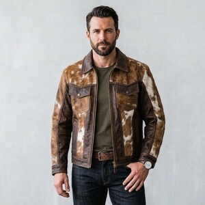 Men's Brown Leather Jacket, Western Cowboy Coat, Vintage Biker Outerwear, Rustic Motorcycle Wear, Patchwork Ranch Streetwear