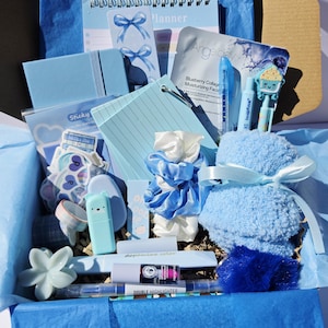 May include: A blue gift box containing a planner, sticky notes, pens, a face mask, scrunchies, and a plush item. The contents are predominantly blue, with white details. The box is lined with blue tissue paper, creating a cohesive aesthetic.