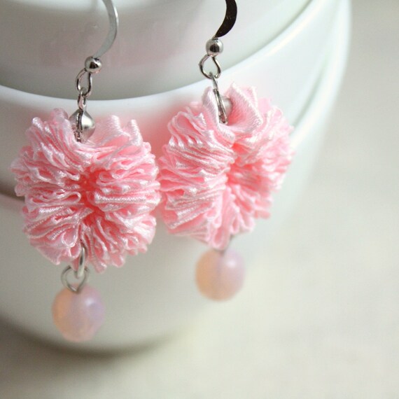 Items similar to Pastel baby pink dangling earrings made of ruffled