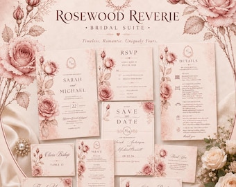 Rosewood Reverie Wedding Invitation Suite Editable Blush Rose Wedding Invite Set Romantic Floral Template