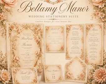 Conjunto de convites de casamento Bellamy Manor - Modelo editável no Canva - Convite de casamento floral vitoriano - Conjunto de convites de casamento champanhe - Download instantâneo
