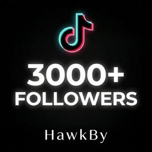 Könnte beinhalten: Eine schwarze Grafik mit dem TikTok-Logo im Neon-Stil in Cyan und Magenta oben. Unter dem Logo steht der weiße Text 3000+ FOLLOWERS in einer fetten serifenlosen Schrift. Unten steht der weiße Text HawkBy in einer klaren Serifenschrift.