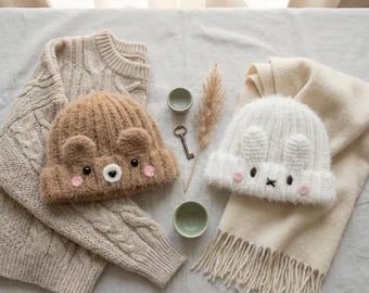 Beginner Crochet Bear & Bunny Ear Beanie Hat Pattern PDF, 2-in-1 Easy Animal Ears Tutorial, Custom Kids Adult Winter Beanie