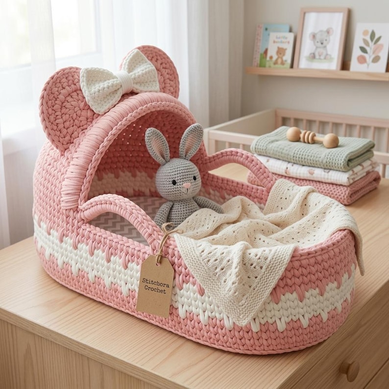 May include: A pink and white crocheted bassinet with a hood featuring two rounded ears and a white bow. Inside sits a small gray crocheted rabbit toy and a cream-colored knit blanket. A brown paper tag attached to the side reads Stitchora Crochet.