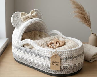 Patron PDF de couffin au crochet pour débutants, berceau bébé oreilles de Mickey, couffin à capuche en fil de t-shirt