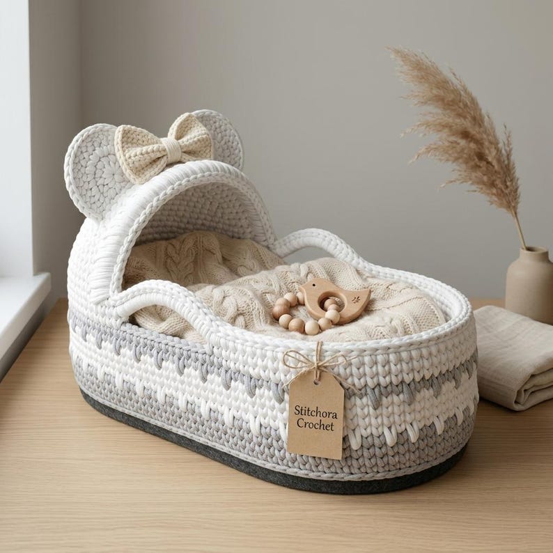 May include: A white and gray crocheted bassinet with a hood featuring two rounded ears and a central bow. Inside lies a cream-colored cable knit blanket and a wooden bird-shaped teether. A brown paper tag reads Stitchora Crochet.