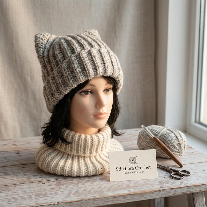 May include: A light gray ribbed knit beanie with two pointed cat-ear shapes on top, worn on a mannequin head. The mannequin wears a cream-colored ribbed turtleneck collar. A business card reads Stitchora Crochet Premium Knitwear.
