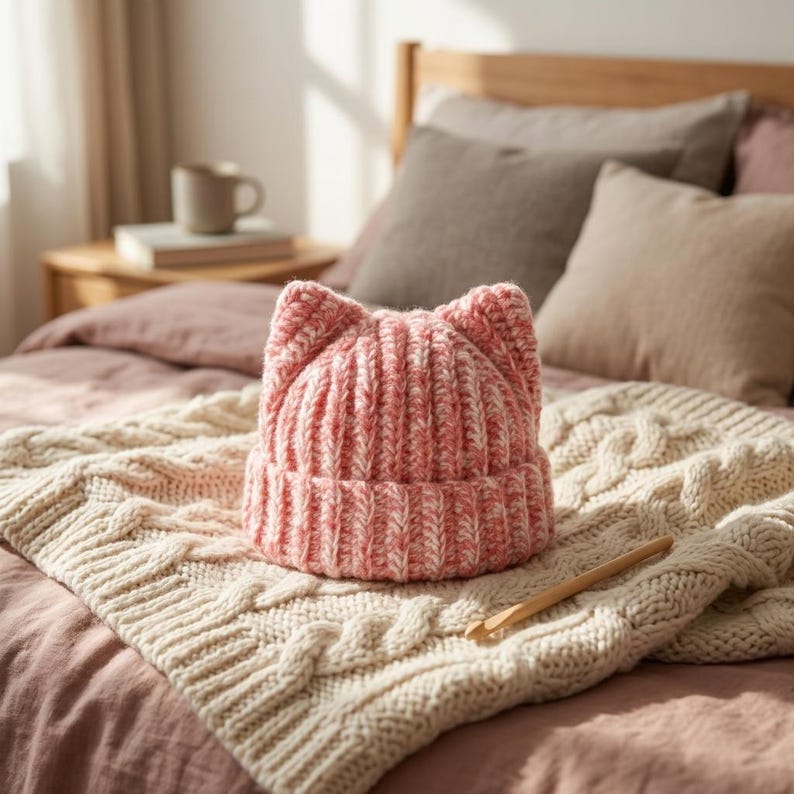 Crochet Cat Ear Beanie Pattern PDF | Beginner Fuzzy Ribbed Plush Kitty Hat | Easy Adult Winter Beanie Crochet Pattern Instant Download image 3