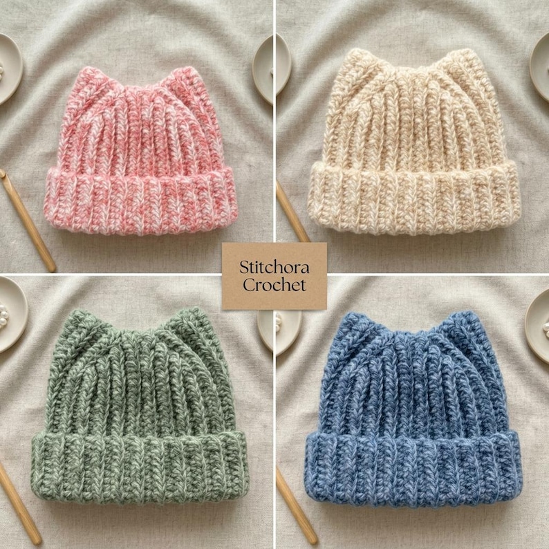 Crochet Cat Ear Beanie Pattern PDF | Beginner Fuzzy Ribbed Plush Kitty Hat | Easy Adult Winter Beanie Crochet Pattern Instant Download image 11