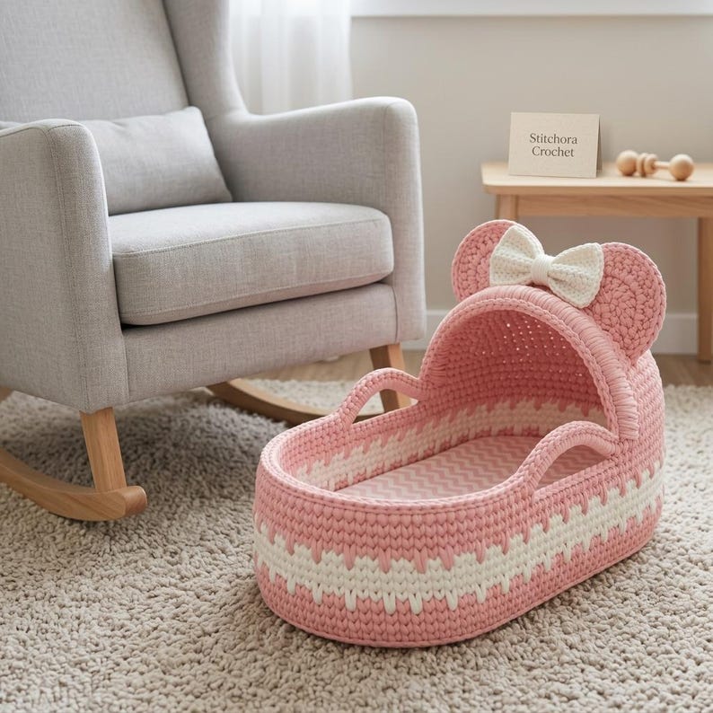 May include: A pink and white crocheted bassinet with a hood featuring two rounded ears and a central cream-colored bow. The bassinet has a textured, woven stitch pattern and a chevron-patterned interior base. A small card reads Stitchora Crochet.