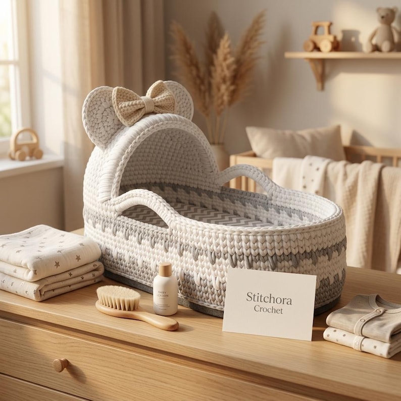 May include: A white and gray crocheted baby bassinet featuring a hood with two rounded ears and a beige bow. The bassinet includes a chevron-patterned interior lining. A card with the text Stitchora Crochet is placed in front of the bassinet.