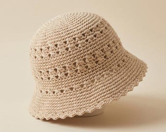 Modello PDF per cappello a secchiello estivo all'uncinetto, cappello da sole con lavorazione a pizzo incrociato per principianti, cappello da spiaggia in cotone e lino, modello per cappello a secchiello da donna all'uncinetto