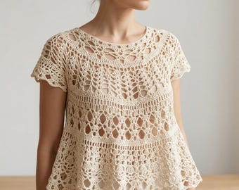 Modello PDF per camicetta estiva in pizzo all'uncinetto per principianti, top boho leggero con punto a V, tutorial facile per camicetta estiva senza cuciture