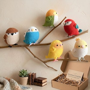 May include: Six small, round, crocheted bird figures in brown, blue, green, red, yellow, and white perched on a wooden branch. A cardboard box with the text Stitchora Crochet Hand-Crocheted Amigurumi Birds sits below with shredded paper filler.