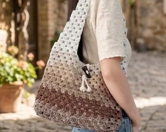 Modello PDF per borsa tote all'uncinetto per principianti, borsa a tracolla capiente con effetto sfumato, modello facile per borsa da mercato all'uncinetto con manici