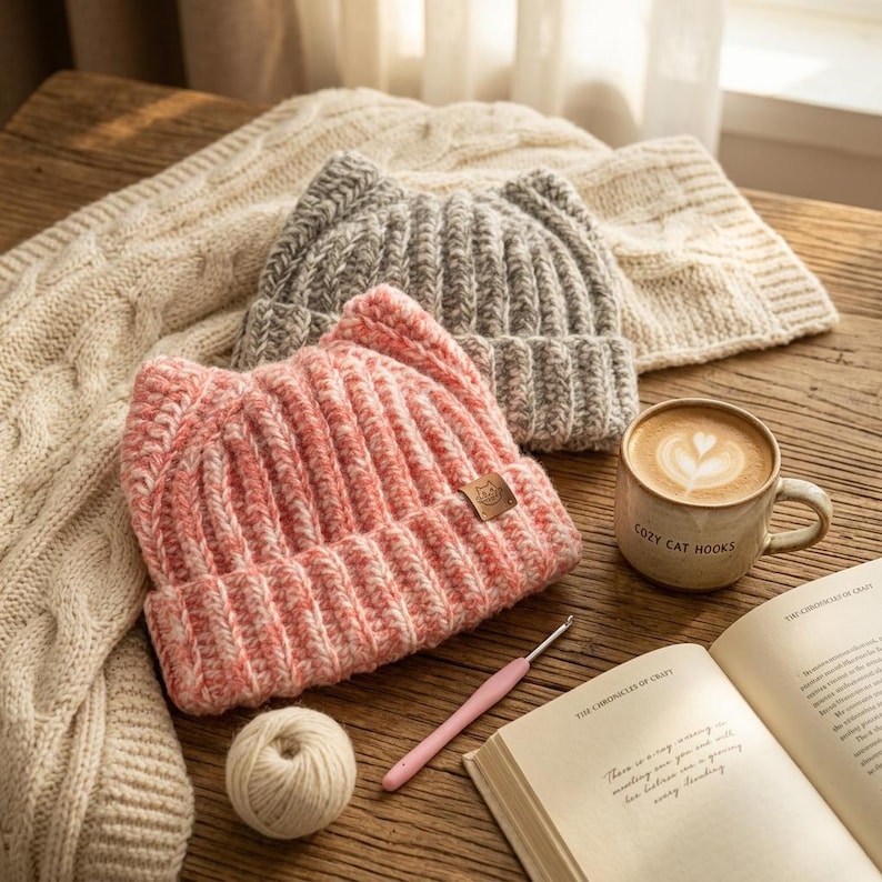 May include: Two chunky knit beanies with cat ear shapes, one in a variegated pink and white yarn and one in a grey yarn. The pink beanie features a small square leather-like tag with a cat face icon. A crochet hook and yarn ball are nearby.