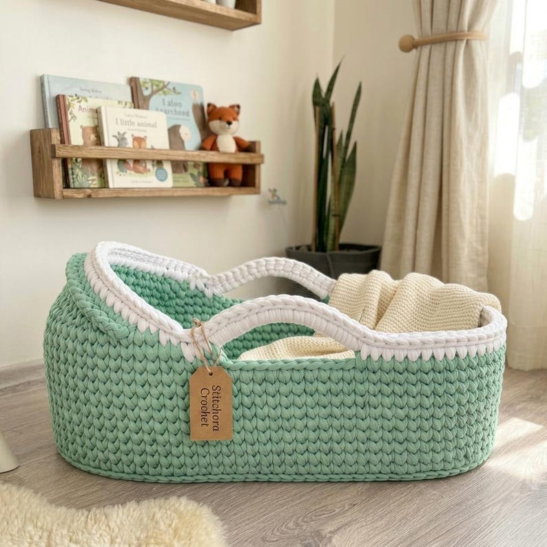 Peut inclure: Un couffin pour b&eacute;b&eacute; en crochet vert menthe avec une bordure blanche &eacute;paisse et deux anses solides. Une couverture cr&egrave;me est plac&eacute;e &agrave; l'int&eacute;rieur. Une &eacute;tiquette rectangulaire en papier brun porte le texte Stitchora Crochet en noir.