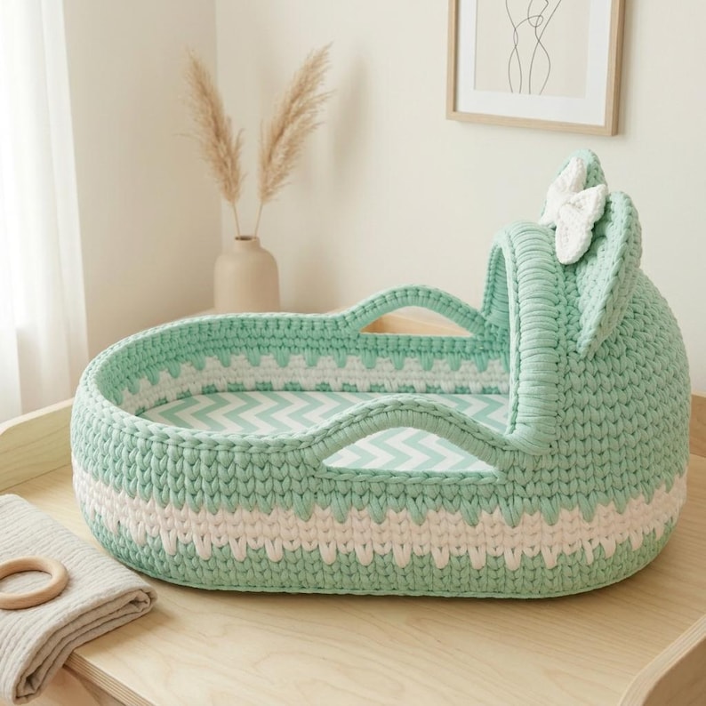 Crochet Moses Basket Pattern PDF for Beginners, Mickey Mouse Ears Baby Bassinet Nest, T-Shirt Yarn Hooded Nursery Basket image 8