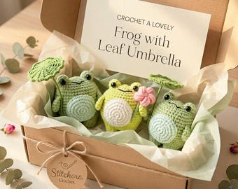 Schema per rana all'uncinetto in PDF, tutorial per principianti di amigurumi a forma di rana, rana di peluche facile e carina con ombrello a forma di foglia di loto, piccolo regalo estivo