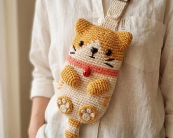 Modello PDF per borsa a tracolla per cellulare a forma di gatto, graziosa borsetta a tracolla Kawaii, borsetta per cellulare a forma di gatto per principianti, modello facile per borsa a tracolla con cerniera