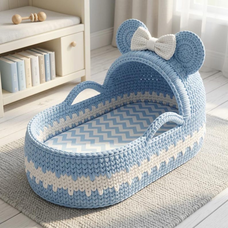 May include: A light blue and white crocheted baby bassinet featuring a hood with two rounded ears and a central white bow. The bassinet has a chevron-patterned mattress pad and two integrated handles on the sides for carrying purposes.