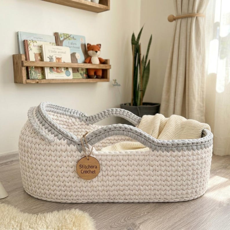Peut inclure: Un panier ovale en crochet blanc cass&eacute; avec un bord gris clair et des poign&eacute;es int&eacute;gr&eacute;es. Une &eacute;tiquette ronde en bois portant le texte Stitchora Crochet est attach&eacute;e sur le c&ocirc;t&eacute;. &Agrave; l'int&eacute;rieur du panier se trouve une couverture tricot&eacute;e cr&egrave;me.