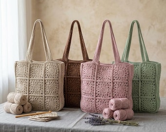 Modello PDF per borsa tote quadrata all'uncinetto in rafia stile "Grandma" - Borsa estiva da spiaggia/mercato per principianti con manici intrecciati