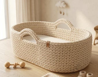Modello PDF facile per culla Moses all'uncinetto per principianti / Culla per neonati con punto gilet senza cuciture e maniglie / Tutorial di arredamento moderno per la cameretta
