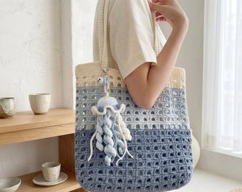 Modello PDF per borsa da spiaggia all'uncinetto, borsa da mercato con onde oceaniche e portachiavi a forma di medusa per principianti, tutorial facile per realizzare una borsa estiva all'uncinetto