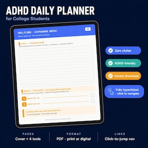 Könnte beinhalten: Ein digitaler ADHS-Tagesplaner für Studenten auf einem Tablet-Bildschirm. Die Benutzeroberfläche enthält einen Willkommensbereich, ein Dopamin-Menü, einen Brain-Dump-Bereich mit Linien und einen Filterbereich für zwei Aufgaben mit Kontrollkästchen.
