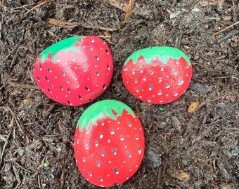 Hand-painted Strawberries, Garden Marker Rocks (set)