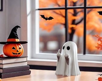 Grappige Middelvinger Ghost Standbeeld Halloween Decor Leuke Spooky Plank Beeldje Gothic Salontafel Ornament Cadeau