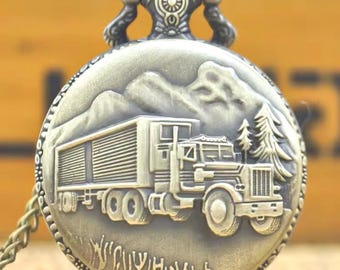 Truck Pocket Watch Necklace for Men and Women, Vintage Steampunk Pendant Watch, Trucker Gift Retro Quartz Chain