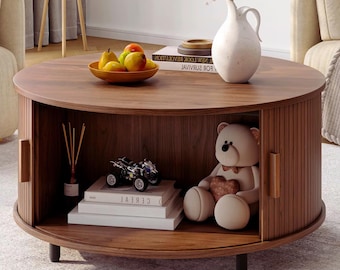 Table basse ronde avec rangement Table basse moderne en bois cannelé avec portes coulissantes Table d'appoint de salon