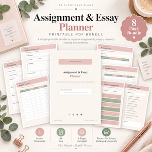 Puede incluir: Un paquete de 8 páginas de planificador de tareas y ensayos en PDF imprimible con una paleta de colores rosa y verde suave. Las páginas incluyen resumen de tareas, planificador de ensayos, seguimiento de lectura y lista de verificación.