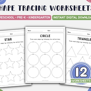 May include: Three white educational worksheets with black text and dotted shapes for tracing. The pages feature the titles STAR, CIRCLE, and TRIANGLE. The top banner reads SHAPE TRACING WORKSHEETS, PRESCHOOL, PRE-K, KINDERGARTEN, and INSTANT DIGITAL DOWNLOAD.
