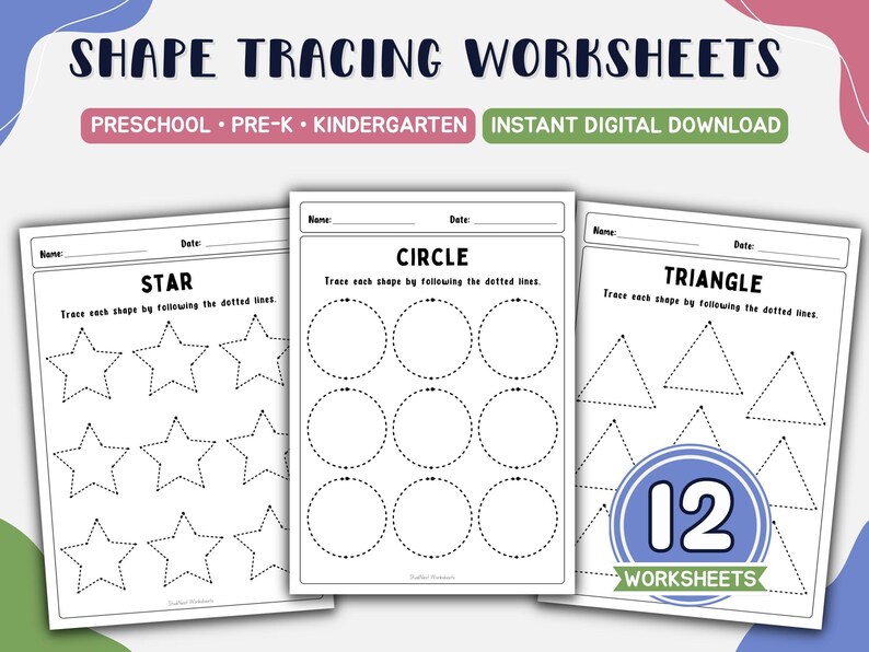 May include: Three white educational worksheets with black text and dotted shapes for tracing. The pages feature the titles STAR, CIRCLE, and TRIANGLE. The top banner reads SHAPE TRACING WORKSHEETS, PRESCHOOL, PRE-K, KINDERGARTEN, and INSTANT DIGITAL DOWNLOAD.