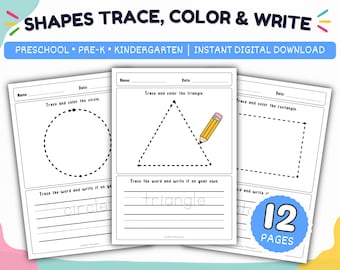 Trace Color and Write Shape Worksheets | Preschool Shape Activities