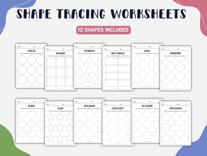 May include: A set of twelve shape tracing worksheets featuring black and white outlines of circles, squares, triangles, rectangles, ovals, diamonds, hearts, stars, hexagons, crescents, octagons, and pentagons with the text SHAPE TRACING WORKSHEETS.