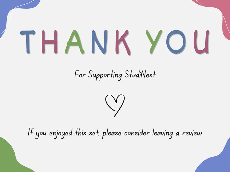 May include: A white thank you card featuring the text THANK YOU in multicolored letters, the phrase For Supporting StudiNest, a black hand-drawn heart icon, and the text If you enjoyed this set, please consider leaving a review.