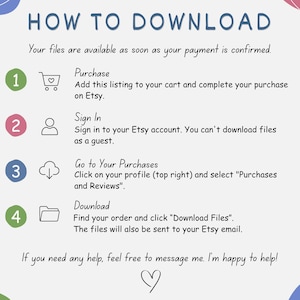 May include: An instructional graphic titled HOW TO DOWNLOAD with four numbered steps. It outlines the process of purchasing, signing into an Etsy account, navigating to Purchases and Reviews, and clicking Download Files to retrieve digital files.