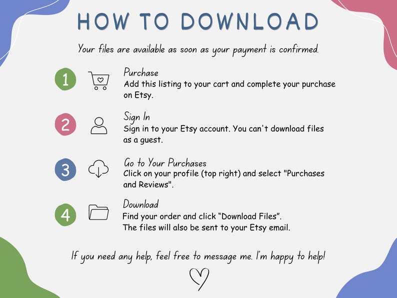 May include: An instructional graphic titled HOW TO DOWNLOAD with four numbered steps. It outlines the process of purchasing, signing into an Etsy account, navigating to Purchases and Reviews, and clicking Download Files to retrieve digital files.
