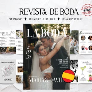 Puede incluir: Una plantilla de revista de bodas digital que incluye una portada con una pareja titulada LA BODA y páginas interiores con índice, perfiles de damas de honor, un mapa de Madrid y menús de bebidas de autor con texto en español.