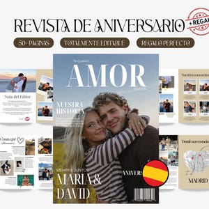 Può includere: Un modello di rivista digitale per anniversari con una copertina che mostra una coppia, il testo AMOR, MARIA & DAVID, e pagine interne con layout fotografici, una mappa di Madrid e sezioni di testo intitolate Nota del Editor, Nuestra Historia.