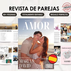 Pode incluir: Um modelo de revista digital para casais intitulado REVISTA DE PAREJAS, apresentando uma capa com a foto de um casal, o texto AMOR, MARIA & DAVID, e páginas internas com layouts para fotos, mapas e conteúdo de texto em fundo branco.